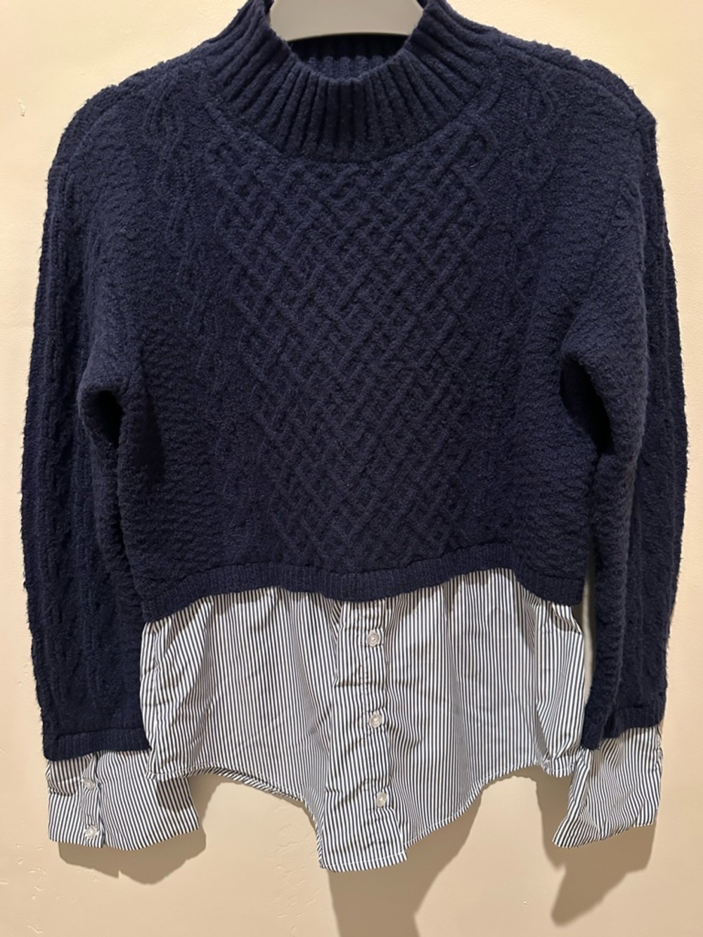 Aqua Navy Cable-Knit Turtleneck Sweater with Striped Shirt Hem